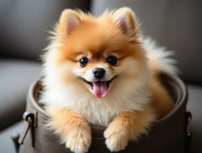 Adorable Pomeranian Puppy Sitting Inside A Pet Carrier