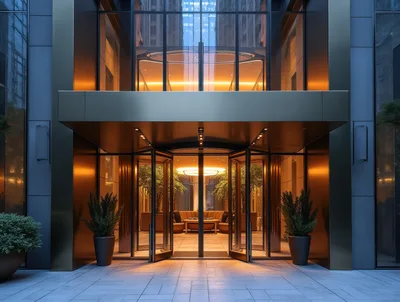 Modern Luxury Hotel Entrance With Glass Revolving Doors