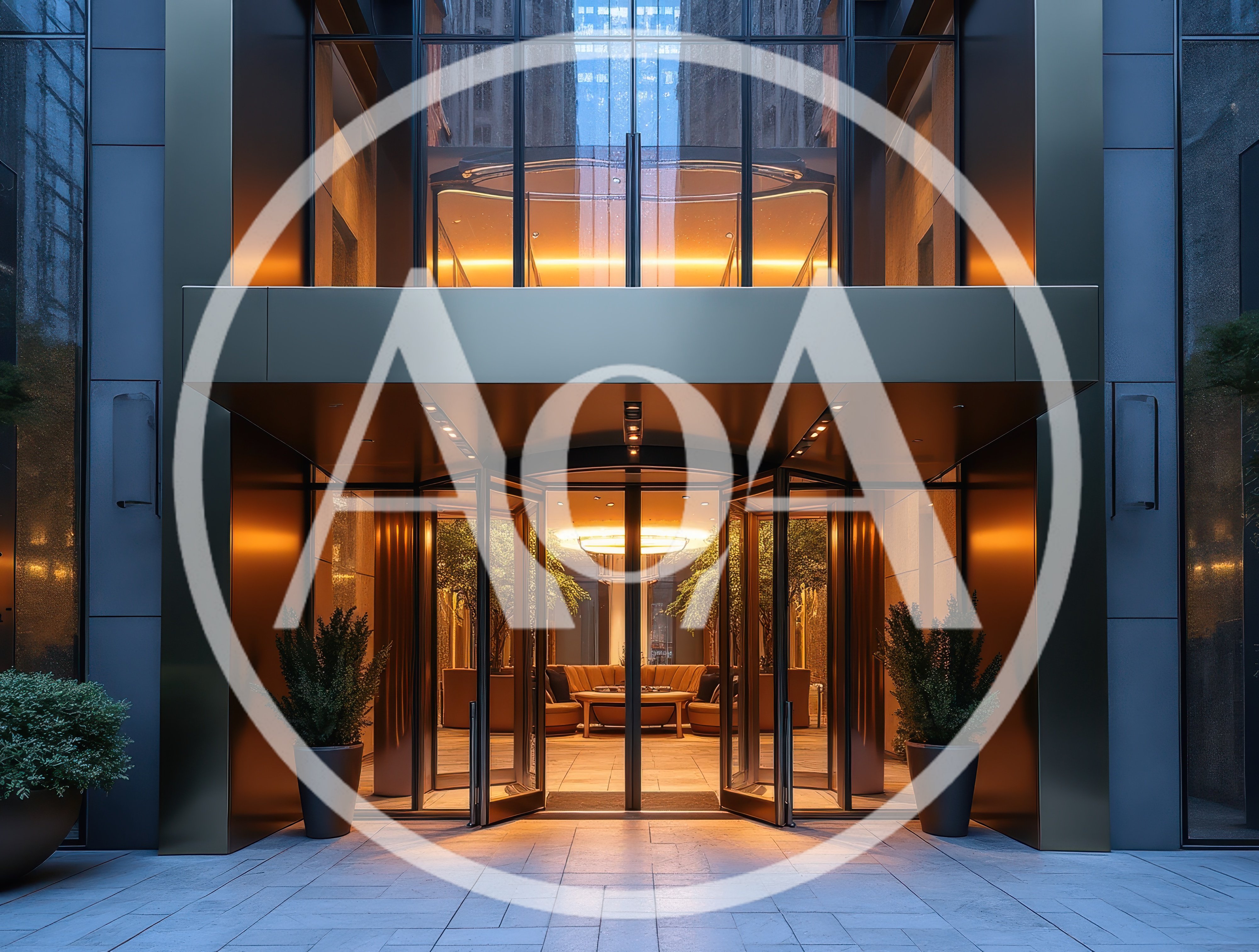 Modern Luxury Hotel Entrance With Glass Revolving Doors
