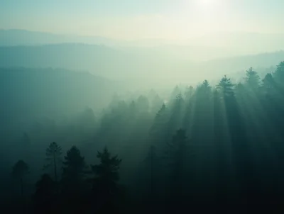 Sunlight Beams Through Misty Forest Landscape