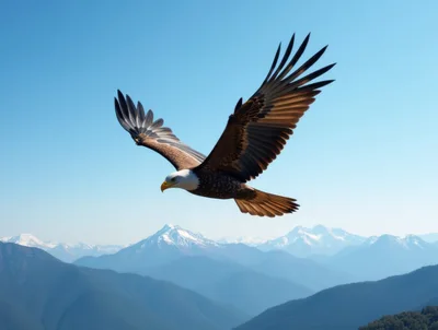 Bald Eagle Flying Over Majestic Snow Capped Mountains