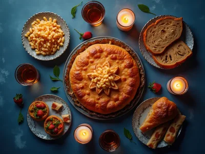 Festive Table Spread With Savory Pie And Pastries