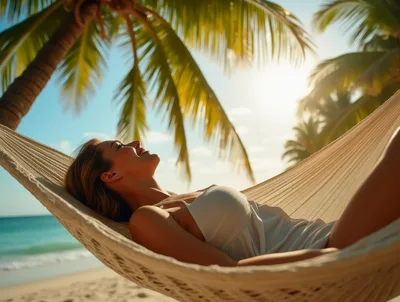 Woman Relaxing In A Hammock On A Tropical Beach