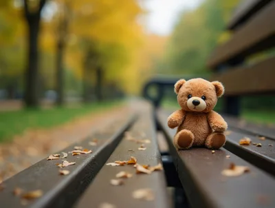 Small Teddy Bear Sitting On A Park Bench