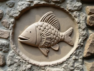 Stone Carving Of A Stylized Fish In A Circular Frame