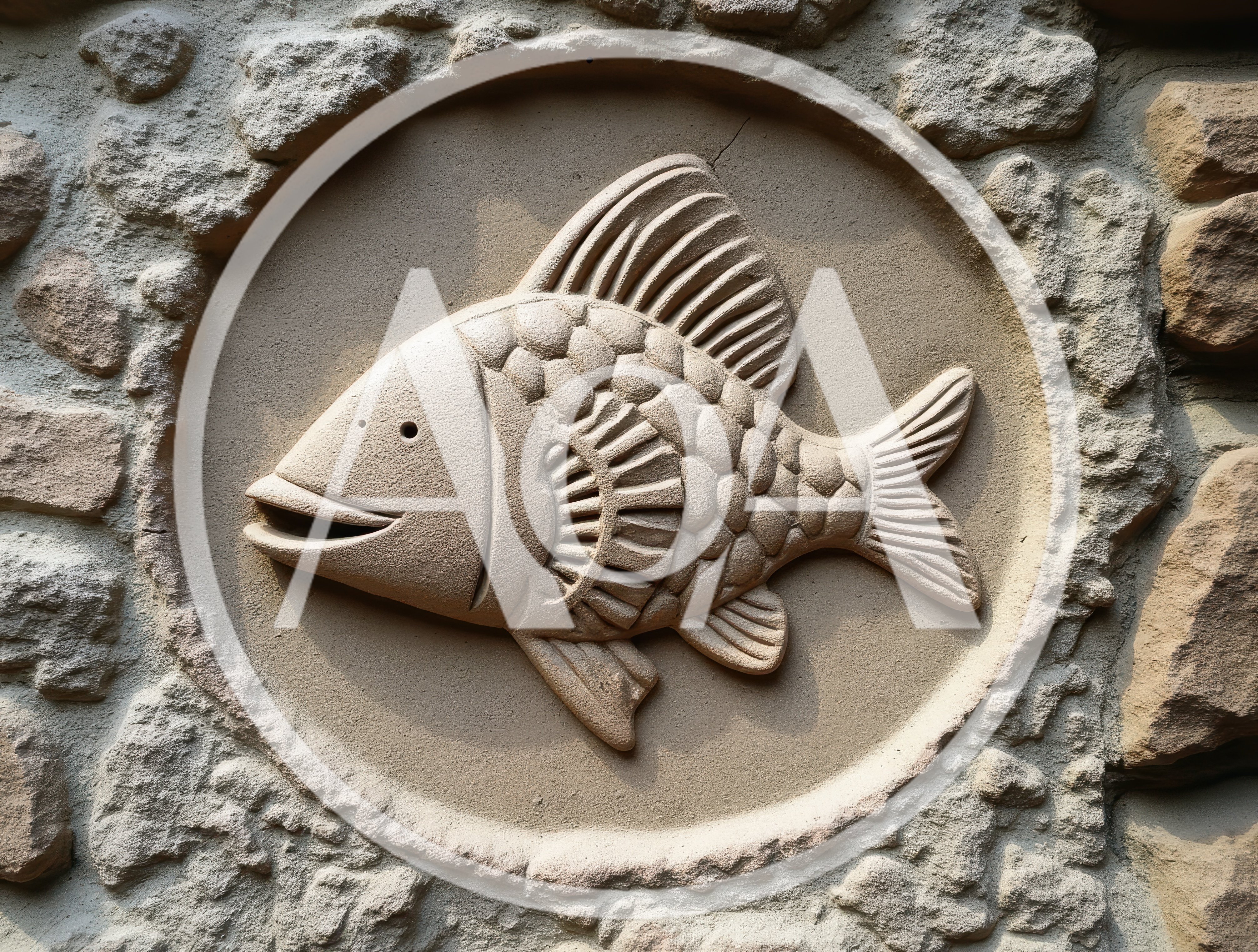 Stone Carving Of A Stylized Fish In A Circular Frame