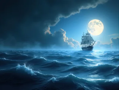 Tall Ship Sailing Under A Full Moon