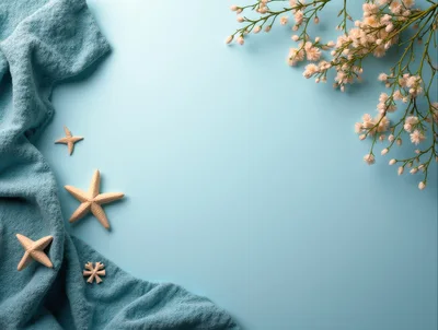 Flat Lay Composition with Starfish and Blue Towel