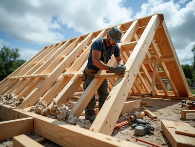 Construction Worker Installing Wooden Roof Trusses