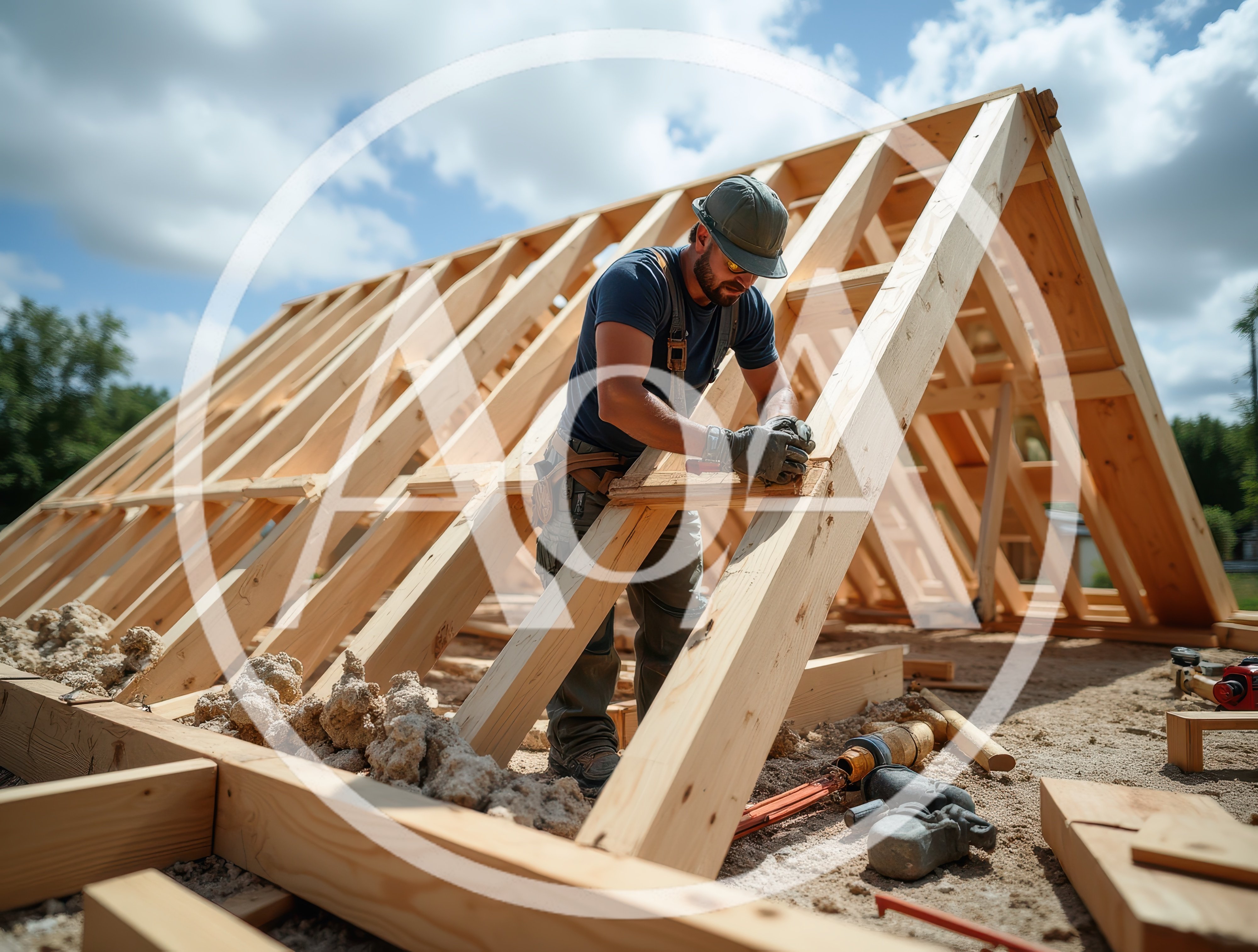 Construction Worker Installing Wooden Roof Trusses