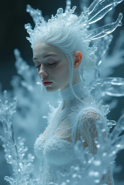 Ethereal Ice Queen Portrait With Intricate Frozen Details