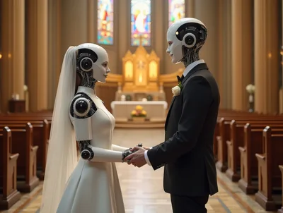 Robotic Couple Holding Hands During Wedding Ceremony