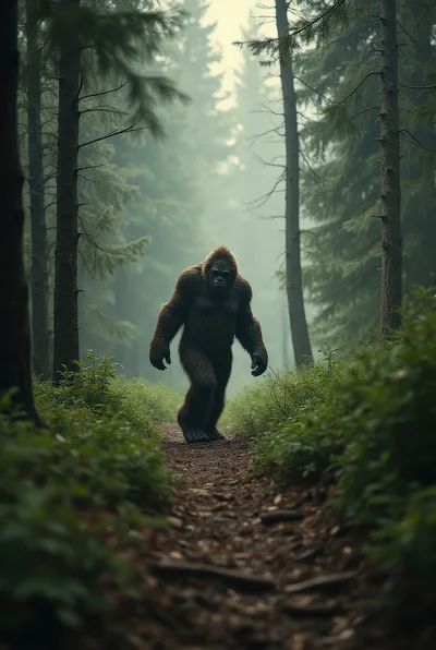 Bigfoot Walking Along A Misty Forest Trail