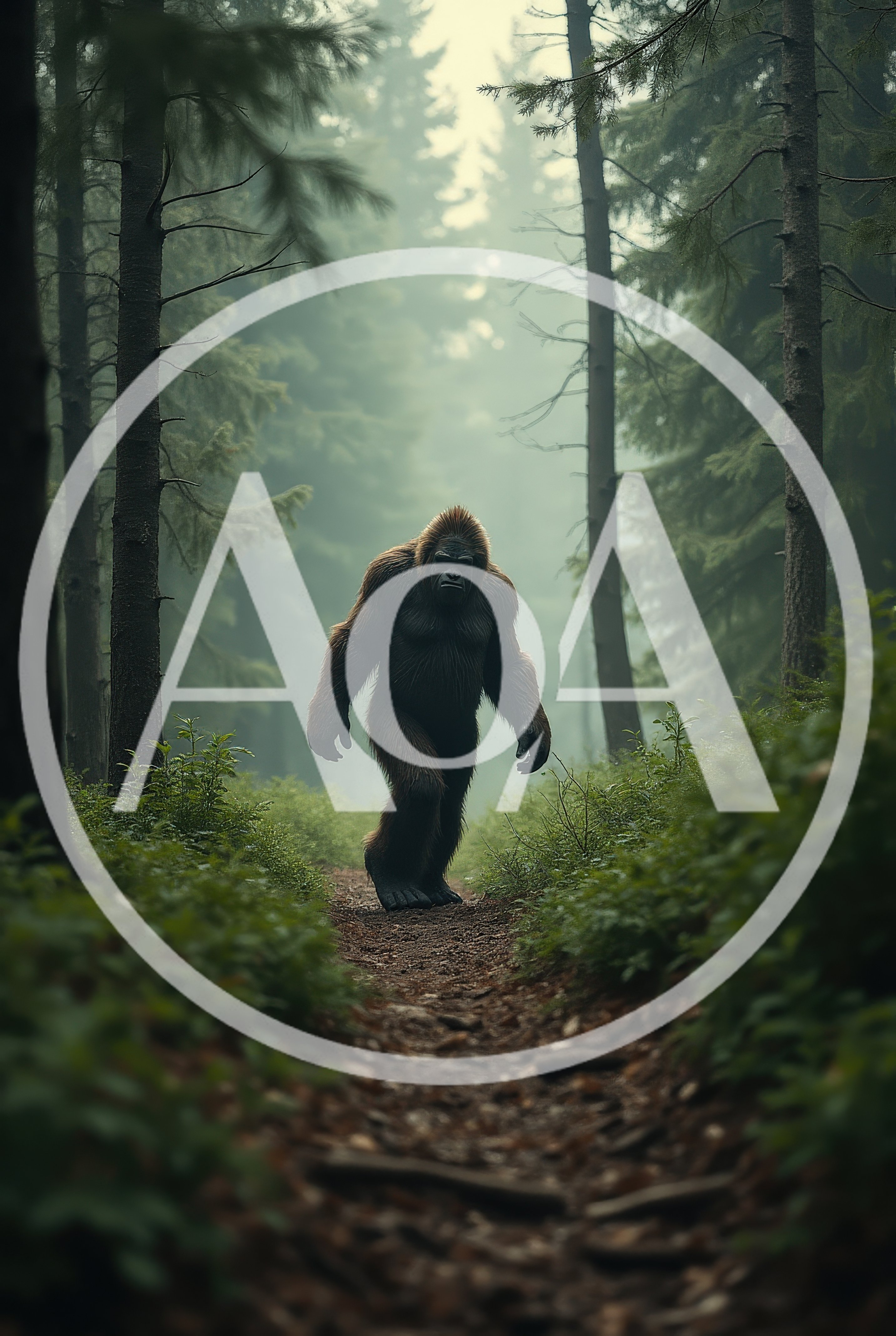 Bigfoot Walking Along A Misty Forest Trail