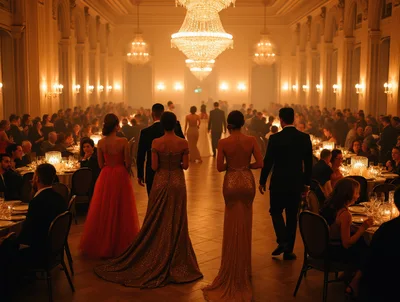 Elegant Guests Walking Through A Grand Ballroom Gala