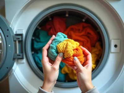 Person Holding Colorful Laundry Before Washing Machine