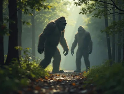 Two Bigfoot Creatures Walking Through A Misty Forest