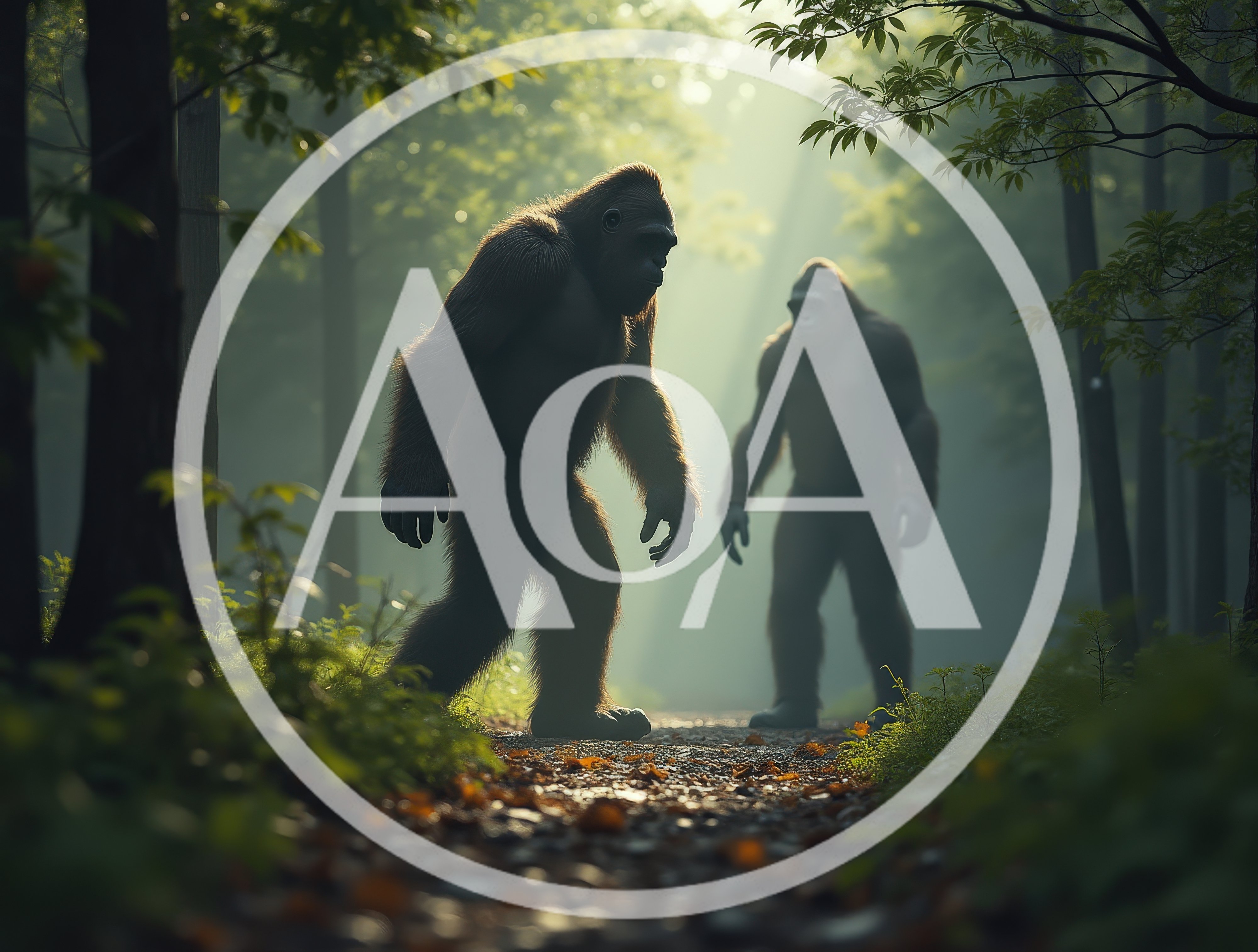 Two Bigfoot Creatures Walking Through A Misty Forest