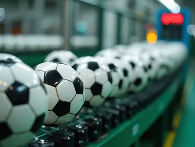 Soccer Balls Moving Along An Automated Factory Conveyor Belt