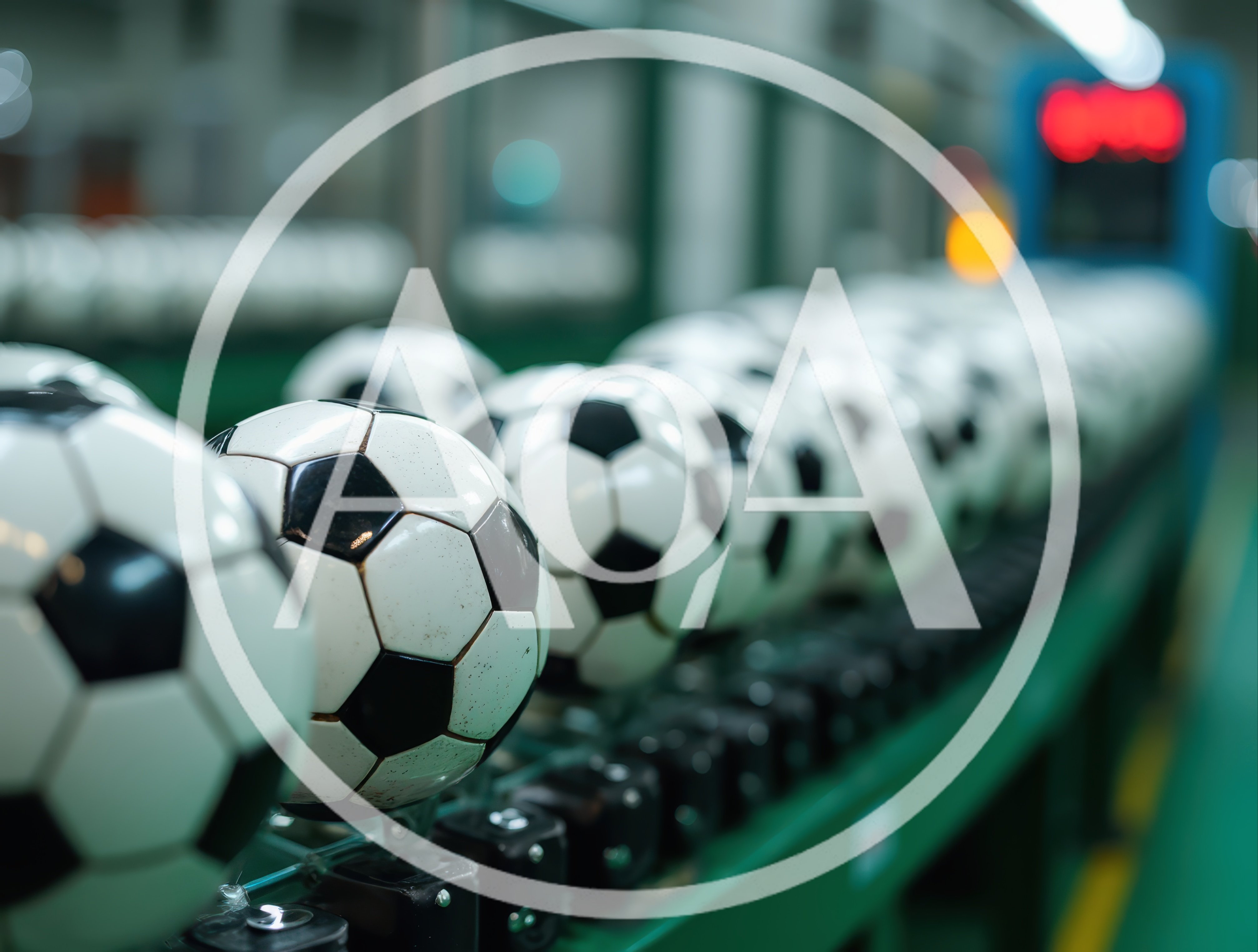 Soccer Balls Moving Along An Automated Factory Conveyor Belt