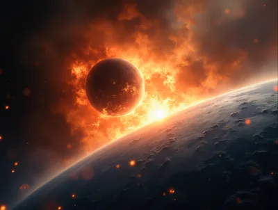 Fiery Planet Collision In Deep Space