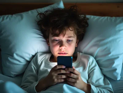 Sick Child Using Smartphone in Bed at Night