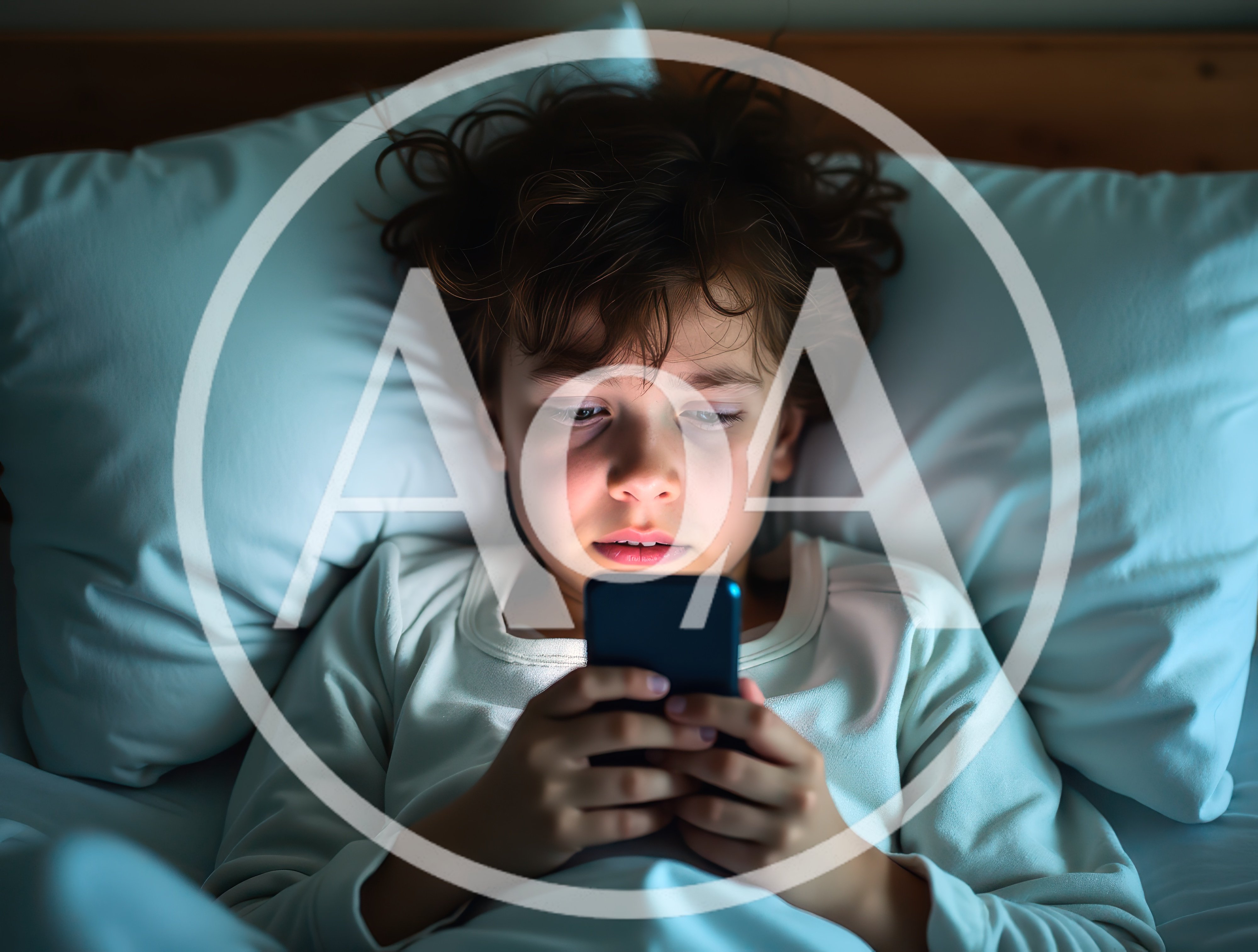 Sick Child Using Smartphone in Bed at Night