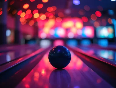 Dark Bowling Ball Resting on a Neon Lit Lane