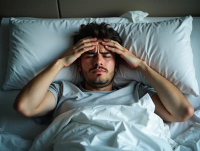 Young Man Suffering From A Severe Headache In Bed
