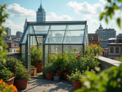 Small Greenhouse On A Sunny Urban Rooftop Garden
