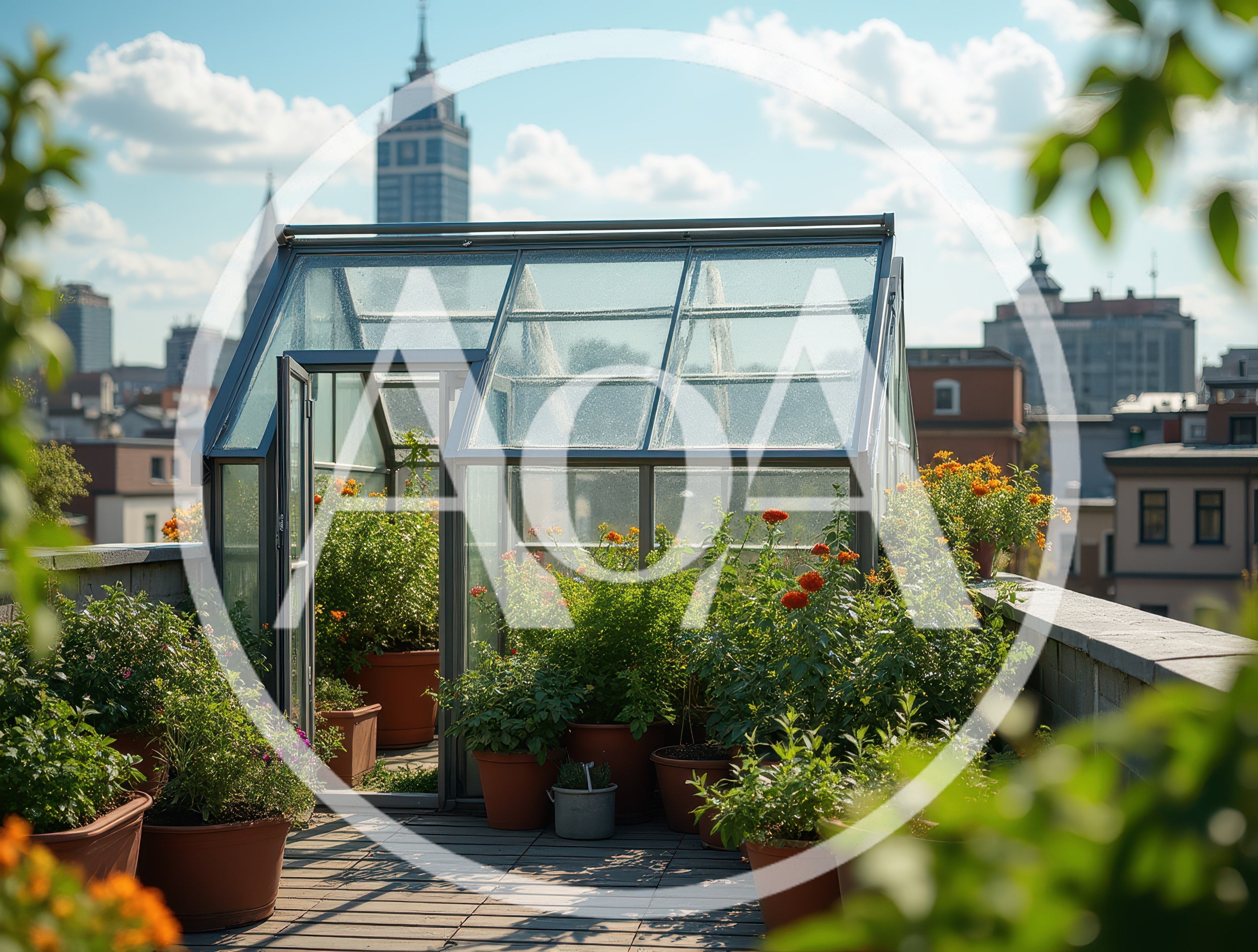 Small Greenhouse On A Sunny Urban Rooftop Garden