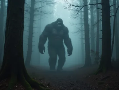 Bigfoot Standing In A Misty Dark Forest