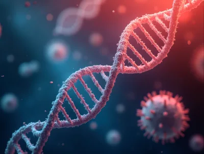 3D Rendered DNA Helix Strand With Viral Particles