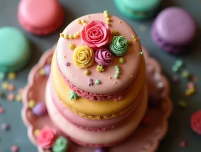 Stacked Macaron Tower Decorated With Sugar Flowers