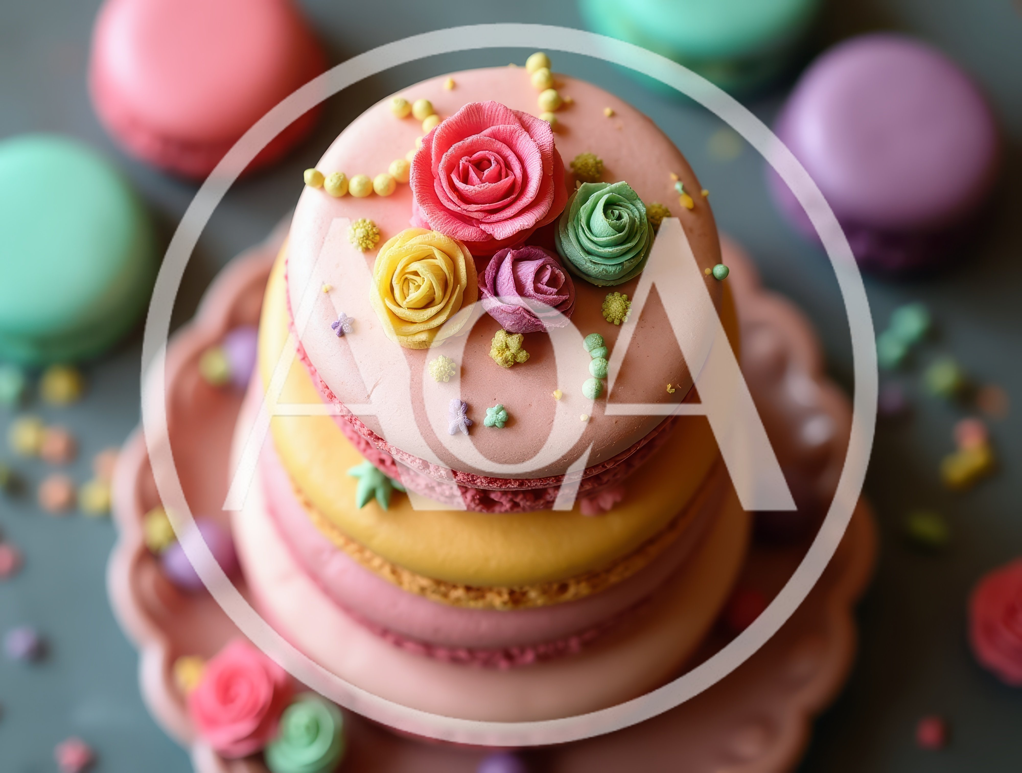 Stacked Macaron Tower Decorated With Sugar Flowers