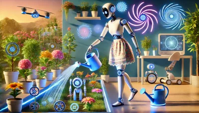 Futuristic Robot Watering Flowers In A Digital Garden