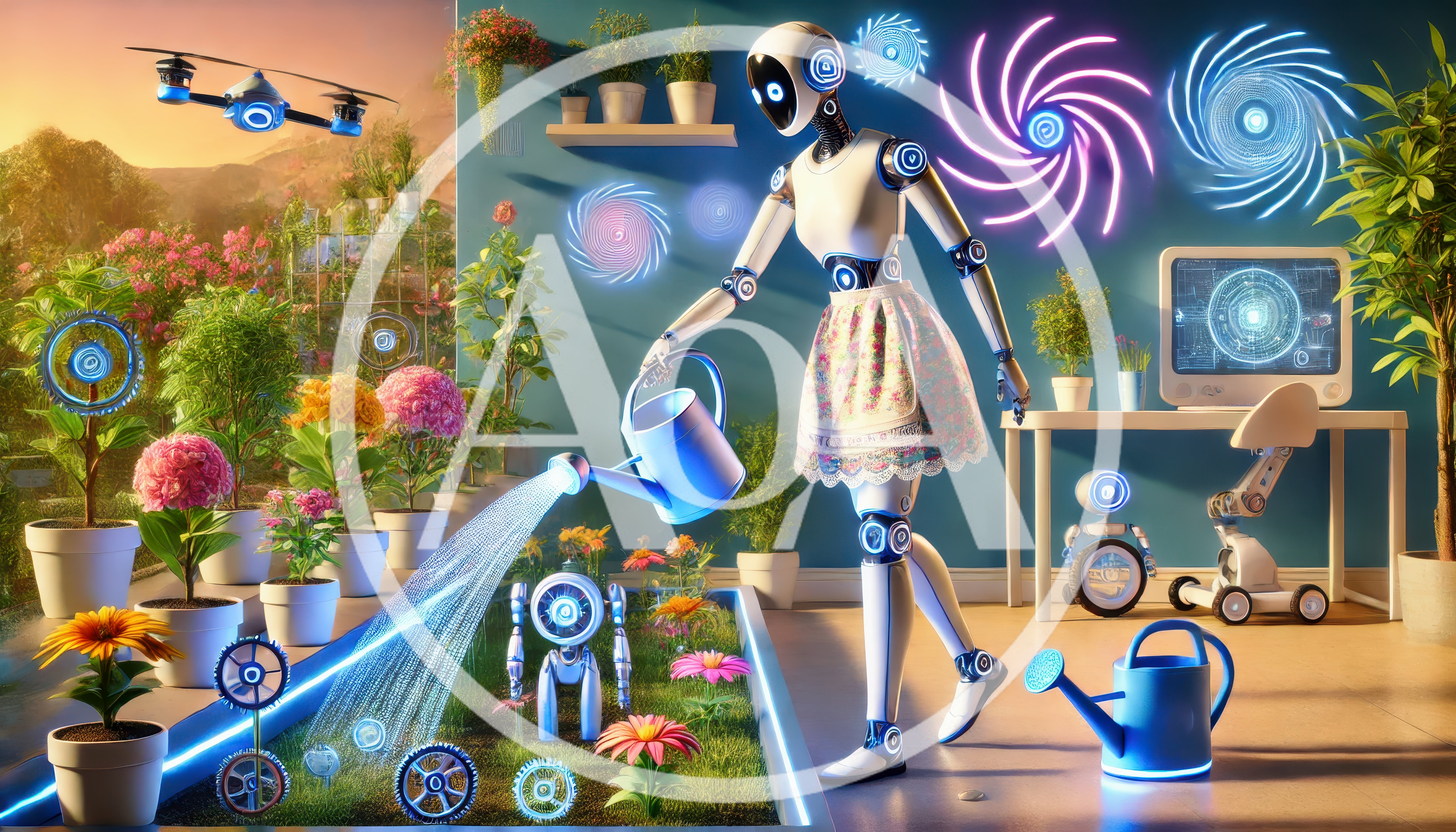 Futuristic Robot Watering Flowers In A Digital Garden