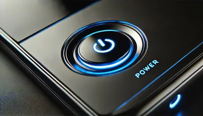 Glowing Blue Power Button On Sleek Electronic Device