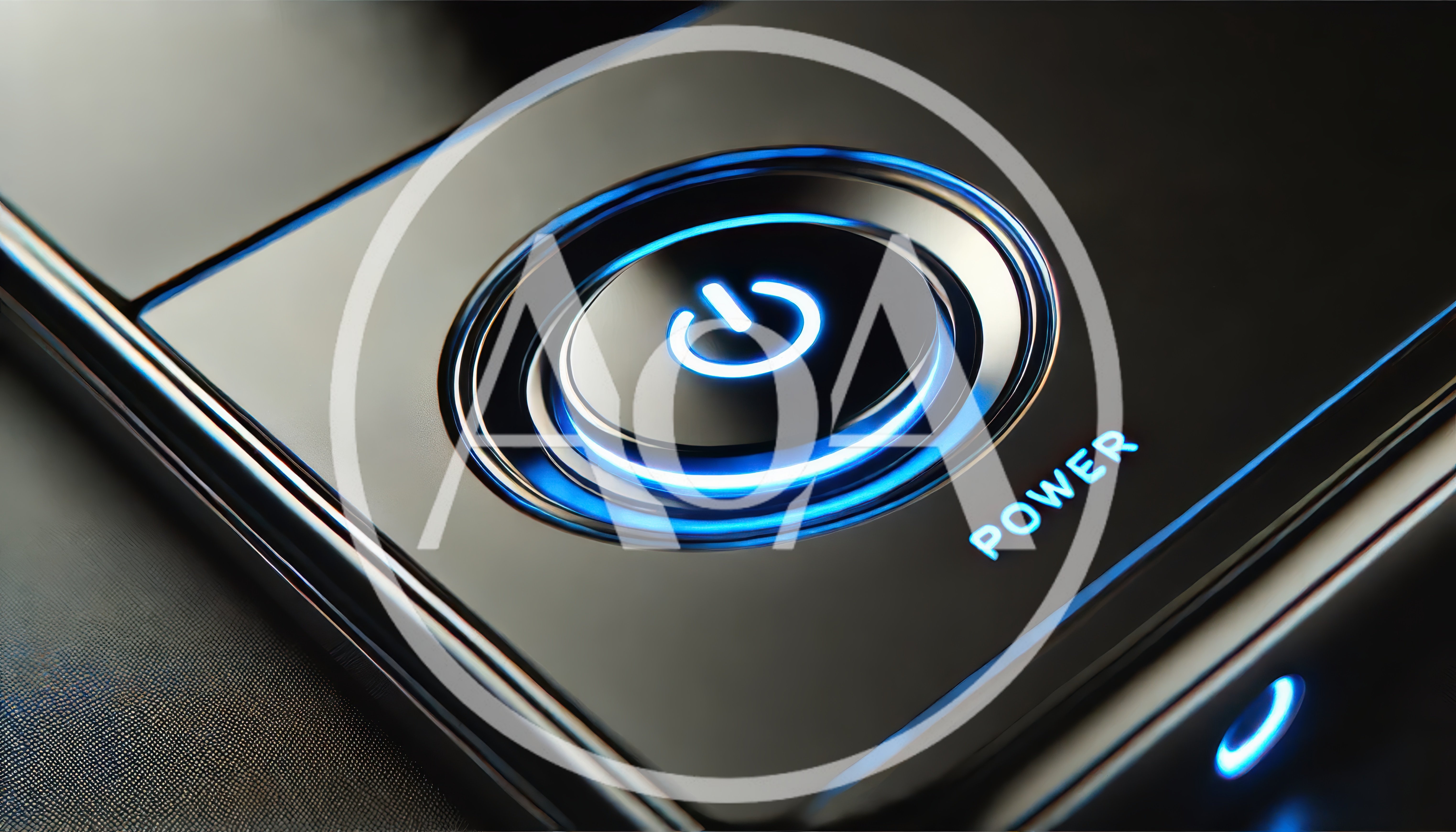 Glowing Blue Power Button On Sleek Electronic Device