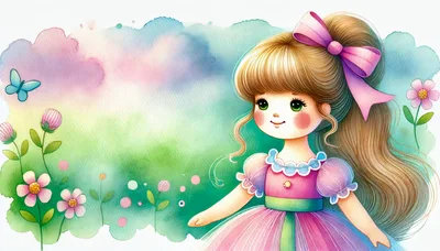 Watercolor Illustration Of A Cute Girl With Flowers