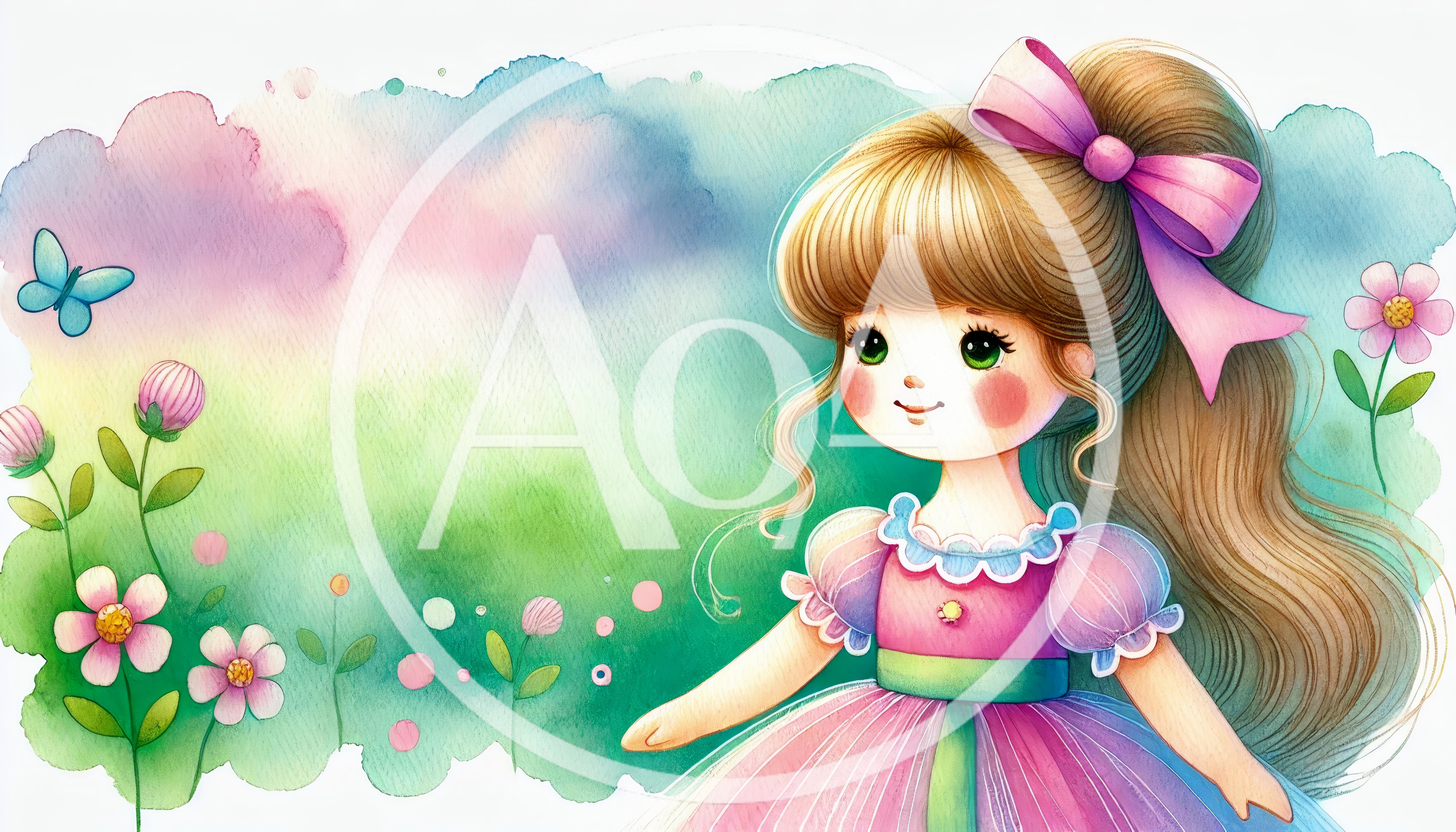 Watercolor Illustration Of A Cute Girl With Flowers