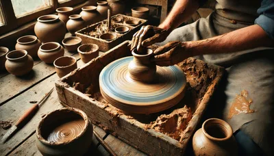 Potter Shaping Clay Vessel On A Spinning Wheel