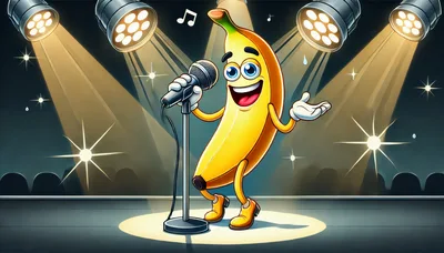 Cartoon Banana Character Singing On Stage With Microphone