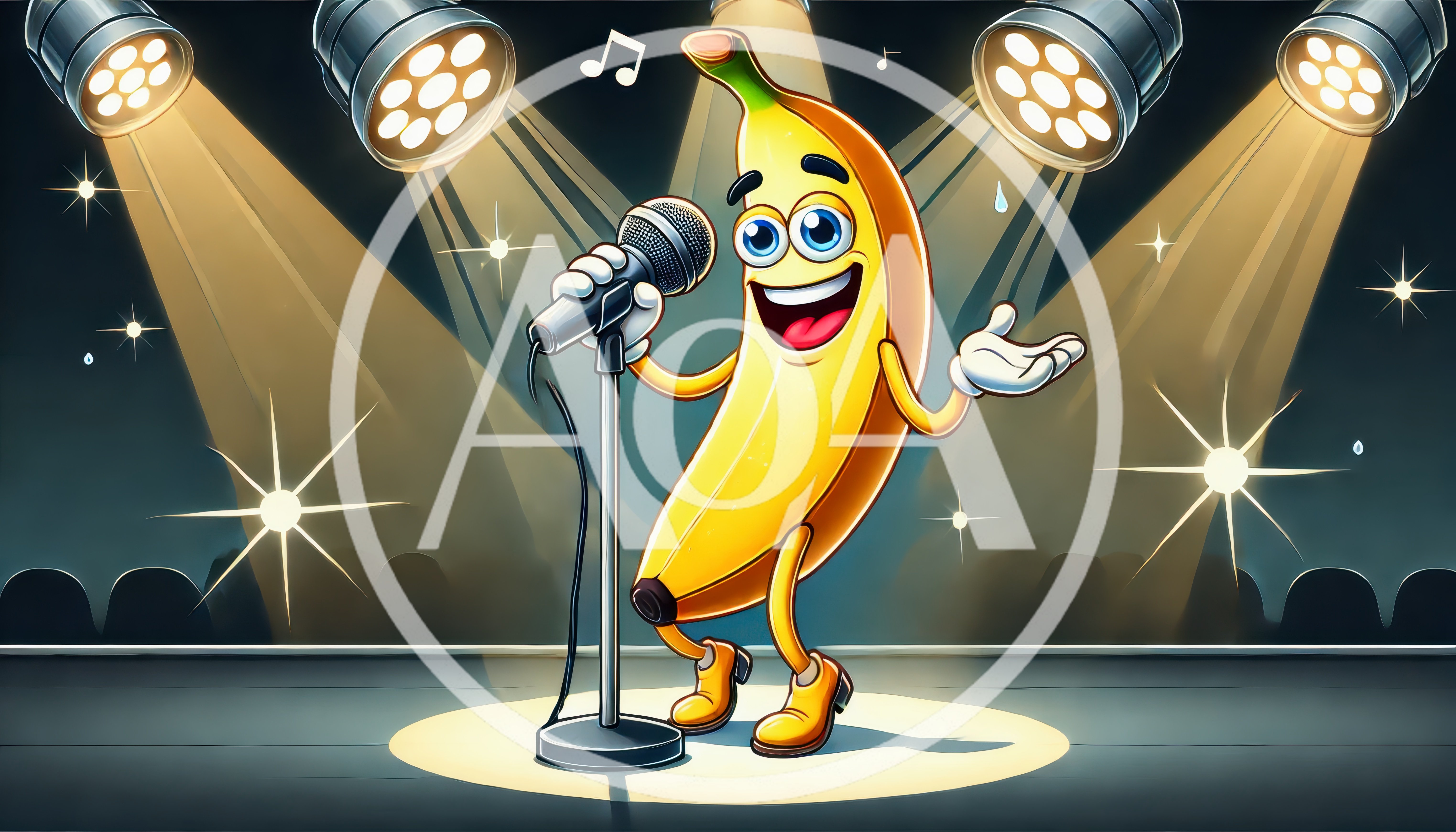 Cartoon Banana Character Singing On Stage With Microphone