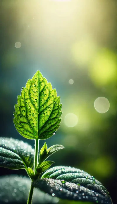 Dew Covered Green Leaf In Morning Sunlight