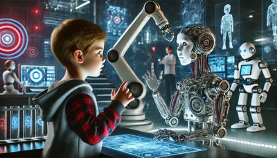 Young Boy Interacting With Advanced Humanoid Robot