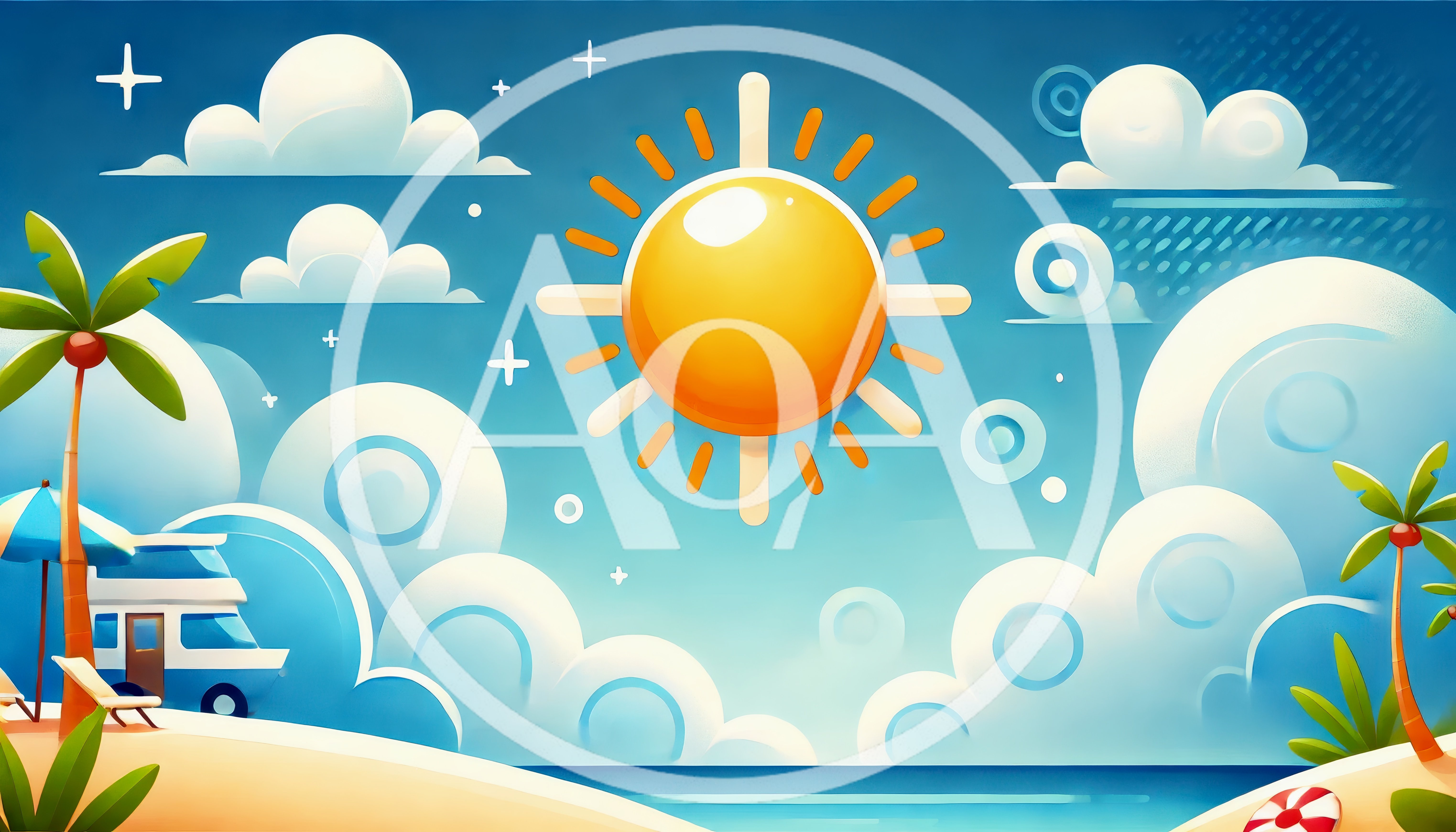 Stylized Summer Beach Scene With Sun And Palm Trees