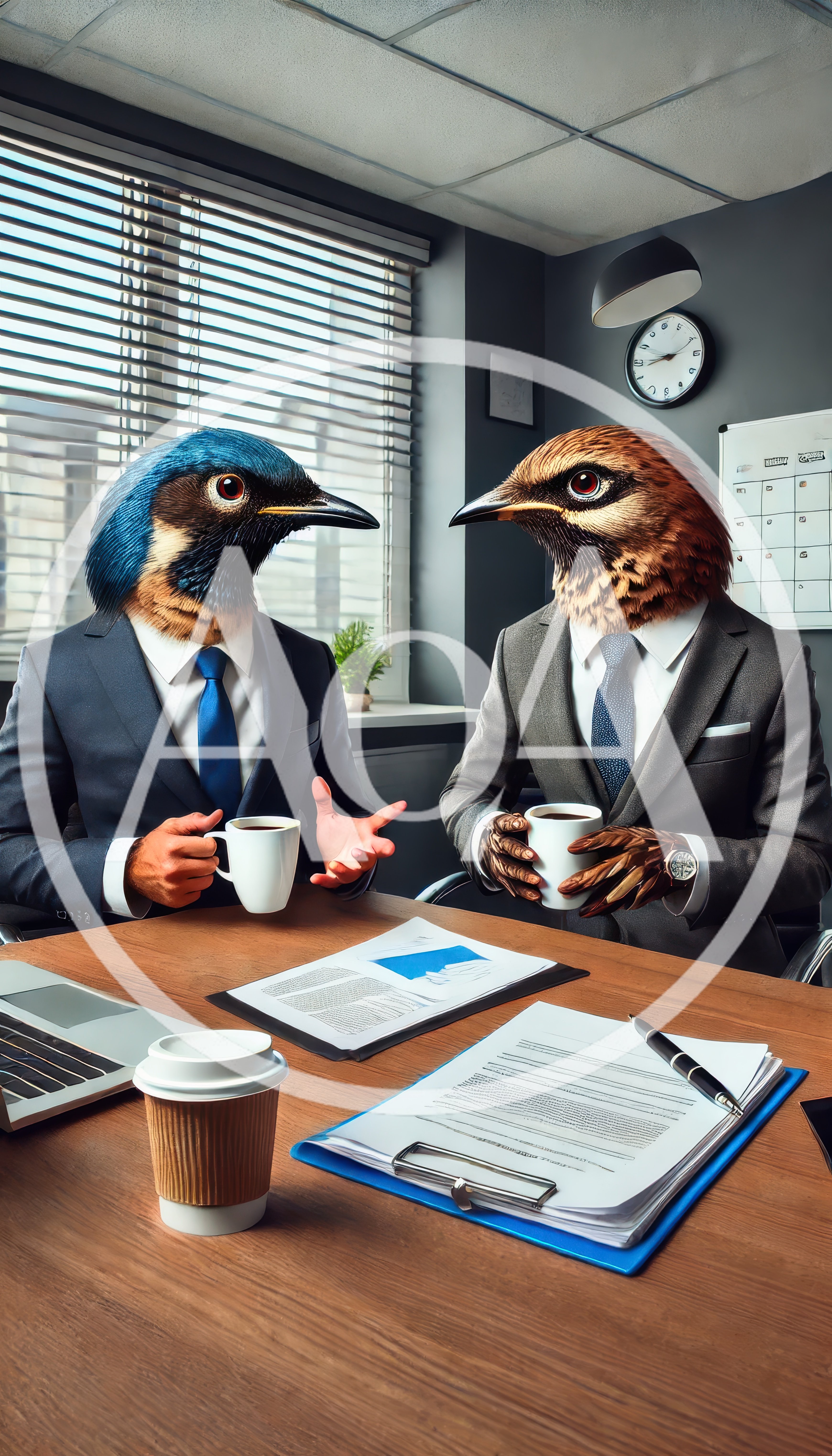 Anthropomorphic Birds In Business Suits Having A Meeting