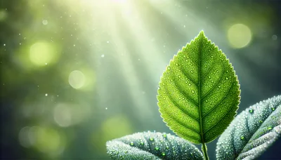 Green Leaf With Dew Drops In Sunlight