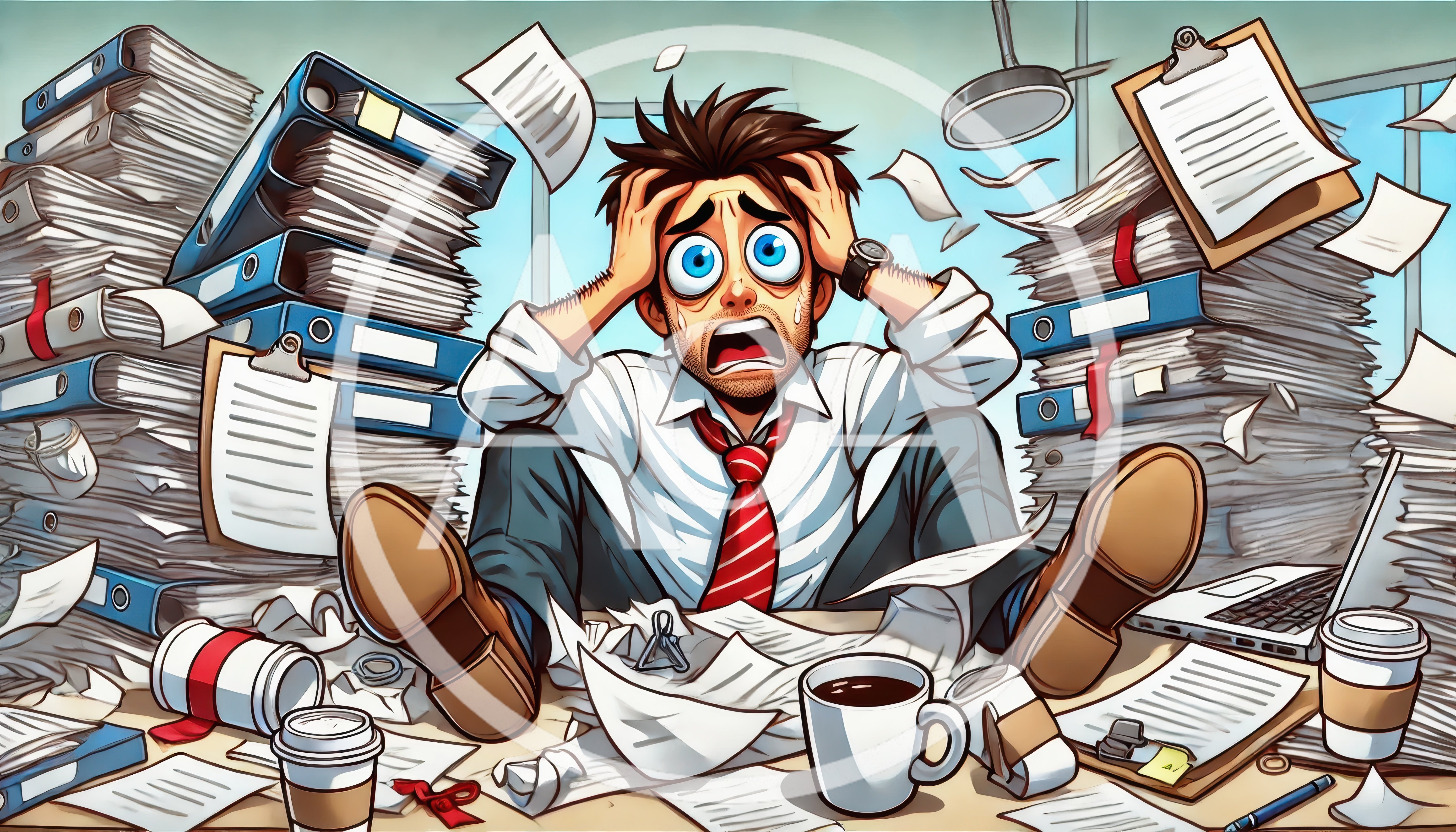 Stressed Office Worker Overwhelmed By Paperwork